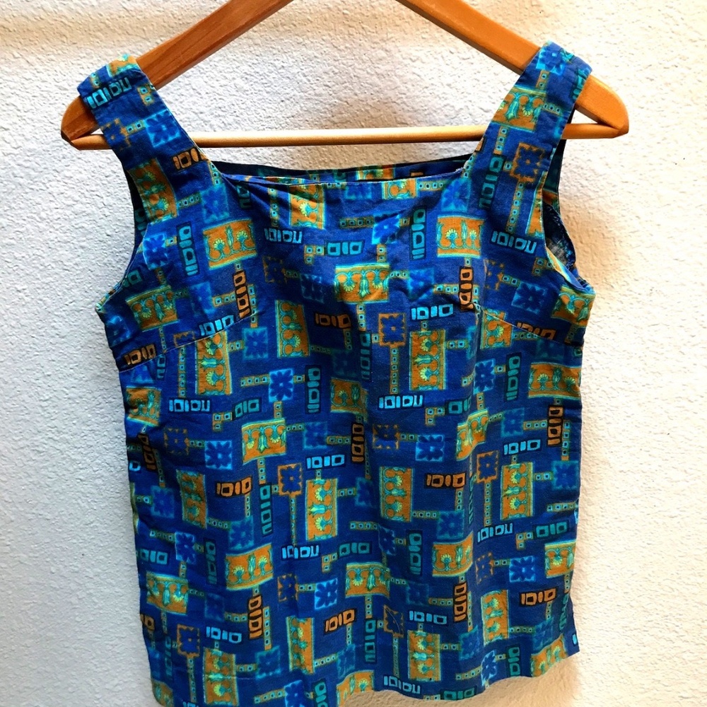 British Vintage 1960's Blue Pattern Tank Petite cut Women's XS/S